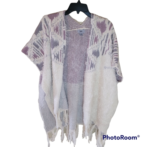 Yaira Sweaters - Yaira purple, gray, and cream poncho/cardigan. Eyelash knit Acrylic Blen…